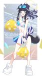  1girl absurdres aji_aji_nori animal_ears bangs bare_shoulders black_hair blue_archive blue_eyes blush breasts cheerleader cleavage crop_top dog_ears dog_girl dog_tail eyewear_on_head full_body gloves goggles goggles_on_head halo hibiki_(blue_archive) hibiki_(cheerleader)_(blue_archive) highres holding holding_pom_poms jewelry long_hair looking_at_viewer medium_breasts midriff miniskirt navel open_mouth pleated_skirt pom_pom_(cheerleading) shirt shoes skirt sleeveless smile sneakers solo standing sunglasses tail white_footwear white_gloves 