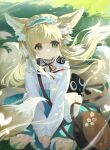  1girl absurdres animal_ears arknights bag bilibilida black_cat blonde_hair blue_hairband blue_skirt brown_bag cat day floating_hair fox_ears fox_girl fox_tail frilled_hairband frills grass green_eyes hair_down hairband high-waist_skirt highres kitsune long_hair long_sleeves looking_at_viewer luoxiaohei multicolored_hair multiple_tails neck_ribbon official_alternate_costume outdoors red_ribbon ribbon satchel seiza shirt shirt_tucked_in shoulder_bag sitting skirt smile solo streaked_hair sunlight suzuran_(arknights) suzuran_(spring_praise)_(arknights) tail the_legend_of_luo_xiaohei white_hair white_shirt 