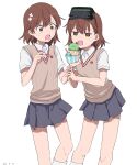  2girls breasts brown_eyes brown_hair brown_sweater_vest collared_shirt dated feet_out_of_frame flower food grey_skirt hair_flower hair_ornament hairpin head-mounted_display highres holding holding_another&#039;s_wrist holding_food holding_spoon ice_cream medium_hair misaka_imouto misaka_mikoto multiple_girls open_mouth pleated_skirt school_uniform sharp_teeth shirt short_sleeves simple_background skirt small_breasts socks spoon surprised sweater_vest takatisakana teeth toaru_kagaku_no_railgun toaru_majutsu_no_index tokiwadai_school_uniform upper_teeth white_background white_flower white_shirt white_socks 