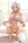  1girl blush bra breasts brown_eyes dark-skinned_female dark_skin garter_belt grey_hair hair_between_eyes hair_ribbon highres kantai_collection lace lace-trimmed_legwear lace_bra lace_panties lace_trim large_breasts lifted_by_self lingerie long_hair looking_at_viewer musashi_(kancolle) navel on_bed panties parted_lips red_eyes ribbon smile solo squatting thighhighs underwear white_bra white_garter_straps white_hair white_nails white_panties white_thighhighs yunamaro 