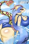  anthro artykfrozt big_breasts big_butt black_sclera blush breasts butt choker cleavage clothed clothing female fin generation_3_pokemon grey_eyes hi_res huge_breasts jewelry looking_at_viewer milotic necklace nintendo one-piece_swimsuit partially_submerged pokemon pokemon_(species) pokemorph pose signature simple_background smile smirk solo swimwear tail_fin video_games water yellow_body 
