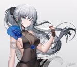  1girl alternate_costume artist_name bangs bare_shoulders black_choker black_dress black_gloves blue_eyes bodystocking bow breasts choker cleavage closed_mouth collarbone covered_navel cup dress drinking_glass fate/grand_order fate_(series) gloves grey_background grey_hair hair_bow heatia highres holding holding_cup long_hair looking_at_viewer medium_breasts morgan_le_fay_(fate) partially_fingerless_gloves ponytail sidelocks simple_background smile solo upper_body wine_glass 