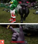  3d_(artwork) accipitrid accipitriform anthro avian bird bottomwear camseven clothed clothing dark_gaia digital_media_(artwork) duo feathers footwear fur girly green_body green_feathers grey_hair hair hands_on_hips hi_res jet_the_hawk male mammal nipples outside purple_body purple_fur sega shoes smile snapping_fingers sonic_riders sonic_the_hedgehog_(series) sonic_unleashed teapot_(body_type) thick_thighs tight_clothing topless topless_male unknown_species watermark wide_hips wings 
