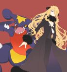  1girl absurdres amenboaoina black_coat black_pants black_shirt blonde_hair blue_eyes breasts cleavage closed_mouth coat cynthia_(pokemon) eyelashes fur-trimmed_coat fur_collar fur_trim garchomp hair_ornament hair_over_one_eye highres long_hair long_sleeves pants pokemon pokemon_(creature) pokemon_(game) pokemon_dppt red_background shirt simple_background smile v-neck very_long_hair wavy_hair 