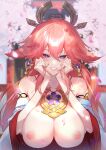  1girl animal_ears bangs bare_shoulders blurry blurry_background breasts breasts_out cherry_blossoms cleavage crossed_bangs detached_sleeves earrings enshou_(namarien) floppy_ears fox_ears genshin_impact hair_between_eyes hair_ornament hands_on_own_cheeks hands_on_own_face highres japanese_clothes jewelry large_breasts leaning_on_rail long_hair looking_at_viewer nipples nontraditional_miko parted_lips petals pink_hair purple_eyes shrine signature smile solo topless upper_body very_long_hair vision_(genshin_impact) white_sleeves wide_sleeves yae_miko 