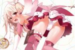  1girl ass bangs bare_shoulders blush breasts fate/kaleid_liner_prisma_illya fate_(series) feather_hair_ornament feathers gloves hair_ornament illyasviel_von_einzbern layered_gloves long_hair looking_at_viewer magical_girl magical_ruby mochi_(k620803n) open_mouth panties pink_gloves pink_thighhighs prisma_illya small_breasts thighhighs thighs underwear white_panties 