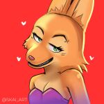  &lt;3 absurd_res anthro canid canine clothing diane_foxington dreamworks dress female fox green_eyes hi_res mammal red_background simple_background skai_art smile solo the_bad_guys 