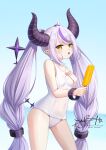  1girl ass_visible_through_thighs breasts covered_navel demon_girl demon_horns food hand_on_own_chest highres hololive horns la+_darknesss long_hair multicolored_hair open_mouth pointy_ears popsicle purple_hair school_swimsuit skyrail small_breasts solo streaked_hair swimsuit thighs very_long_hair virtual_youtuber white_one-piece_swimsuit yellow_eyes 