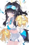  1girl absurdres animal_ears black_hair blue_archive blue_eyes blush breasts bright_pupils cheerleader cleavage dog_ears dog_girl dog_tail hibiki_(blue_archive) hibiki_(cheerleader)_(blue_archive) highres looking_at_viewer medium_breasts midriff pleated_skirt pom_pom_(cheerleading) ponytail skirt solo star_(symbol) sticker_on_face tail tiko_(idadsa91) white_pupils white_skirt 
