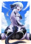 1girl ass au_ra avatar_(ff14) back bangs beach bikini black_bikini blue_eyes breasts colored_skin commentary_request day dragon_girl dragon_horns dragon_tail final_fantasy final_fantasy_xiv from_behind from_below grey_hair hand_on_hip highres horns ishii_hisao leaning_forward light_smile lips long_hair looking_at_viewer looking_back medium_breasts ocean open_mouth outdoors purple_lips purple_skin sand scales sideboob sitting solo swimsuit tail twisted_torso wariza water 