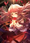  1girl absurdres blush brown_hair flower highres ib ib_(ib) komirihikku long_hair long_sleeves looking_at_viewer petals red_eyes red_flower red_rose red_skirt red_theme rose rose_petals shirt skirt smile solo teeth white_shirt 