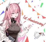  1girl absurdres animal_ear_fluff animal_ears anniversary bangs black_shirt blush breasts coffee_cup confetti cup disposable_cup girls&#039;_frontline girls&#039;_frontline_neural_cloud highres holding holding_paper large_breasts long_hair looking_away one_smoke open_clothes open_mouth open_robe paper persicaria_(girls&#039;_frontline_nc) pink_eyes pink_hair robe shirt solo turtleneck upper_body white_background white_robe 