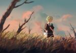  1other absurdres androgynous blue_sky clipboard cloud gem_uniform_(houseki_no_kuni) grass green_eyes green_hair highres houseki_no_kuni looking_away necktie outdoors phosphophyllite scenery short_hair sky solo tamomoko tree twilight 