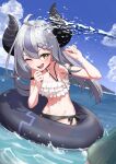  1girl ;d absurdres ahoge alternate_costume arimoto_wataru arm_strap bikini black_horns braid braided_bangs demon_girl dutch_angle frilled_bikini frills grey_hair groin highres hololive horns innertube la+_darknesss long_hair looking_to_the_side mismatched_bikini multi-strapped_bikini multi-strapped_bikini_top multicolored_hair navel ocean one_eye_closed open_mouth purple_hair purple_horns side-tie_bikini_bottom slit_pupils smile solo streaked_hair striped_horns swimsuit virtual_youtuber wading yellow_eyes 