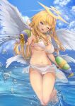  1girl absurdres angel angel_wings bare_arms bare_legs bare_shoulders barefoot bikini blonde_hair blue_eyes blue_sky breasts cleavage cloud commentary_request day dual_wielding feathered_wings feet halo highres holding holding_water_gun large_breasts long_hair looking_at_viewer navel ocean one_eye_closed open_mouth original outdoors sapota_clone sarong sky smile solo stomach sunlight swimsuit thigh_gap water water_drop water_gun white_bikini wings 