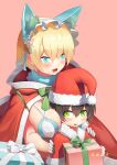  1boy 1girl artist_name bangs bikini black_nails blonde_hair blue_bikini blue_eyes blush box breasts brown_hair cape cat_ear_hairband chinese_commentary christmas cleavage cross cross_earrings earrings gift gift_box girls&#039;_frontline green_eyes hair_ornament hand_on_another&#039;s_shoulder hat hebai_xiaochuan highres holding holding_gift huge_breasts jewelry looking_at_another merry_christmas nail_polish official_alternate_costume open_mouth pink_background red_cape red_headwear saliva santa_bikini santa_costume santa_hat short_hair smile snowflake_hair_ornament swimsuit upper_body vsk-94_(christmas_eve_detective)_(girls&#039;_frontline) vsk-94_(girls&#039;_frontline) 