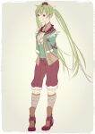  1girl arms_behind_back bangs belt belt_buckle blue_eyes buckle capri_pants closed_mouth cosplay doug_(rune_factory) doug_(rune_factory)_(cosplay) feather_trim feathers frey_(rune_factory) frown full_body fur-trimmed_pants fur_trim hair_ribbon highres legs_apart light_green_hair long_hair pants puchiman purple_belt purple_pants ribbon rune_factory rune_factory_4 solo standing twintails white_belt white_feathers white_ribbon 