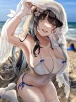  1girl absurdres armpits arms_up bangs beach bikini blurry blurry_background breasts brown_eyes brown_hair cleavage collarbone feet_out_of_frame finellen flower girls&#039;_frontline girls&#039;_frontline_neural_cloud gloves hair_flower hair_ornament hairband highres large_breasts light_blush long_hair looking_at_viewer navel official_alternate_costume on_ground open_mouth parted_lips partially_fingerless_gloves slippers smile solo swimsuit teeth thighhighs type_95_(girls&#039;_frontline) type_95_(summer_cicada)_(girls&#039;_frontline) upper_teeth veil white_bikini white_gloves white_hairband white_thighhighs 