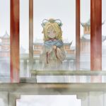  1girl blonde_hair blonde_oekaki_girl_(touhou) blue_ribbon blue_scarf bow closed_mouth dress green_bow hair_bow hair_ribbon happy head_tilt kaigen_1025 long_sleeves mandarin_collar medium_hair ponytail portrait_of_exotic_girls ribbon scarf smile solo touhou upper_body white_dress wide_sleeves yellow_eyes 