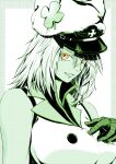  1girl an&#039;no_natsume bandaged_hand bandages breasts clover four-leaf_clover green_theme grin guilty_gear guilty_gear_strive hat highres large_breasts limited_palette ramlethal_valentine sharp_teeth smile solo teeth upper_body yellow_eyes 