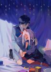  1boy 1girl absurdres black_hair book boots closed_eyes colored_skin comforting crying darling_in_the_franxx hand_grab hand_on_another&#039;s_shoulder head_on_chest highres hiro_(darling_in_the_franxx) holding holding_book horns kneeling long_hair open_mouth red_skin sobbing socks stuffed_animal stuffed_bunny stuffed_toy tamomoko tears teddy_bear toy uniform zero_two_(darling_in_the_franxx) 