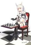  1girl absurdres animal_ears arknights bangs belt black_footwear black_gloves black_thighhighs boots breasts brown_eyes chair checkered_floor checkmate chess_piece crossed_legs cup elbow_gloves full_body gloves hebai_xiaochuan highres holding holding_cup horse_ears jacket knight_(chess) long_hair looking_down medium_breasts open_mouth platinum_(arknights) shorts sidelocks sitting solo thighhighs transparent_background white_belt white_hair white_jacket white_shorts wide_sleeves 