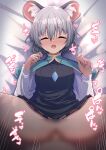  1girl absurdres animal_ear_fluff animal_ears bangs blur_censor blush breasts censored closed_eyes commentary_request cowboy_shot crystal darumoon dress grey_dress grey_hair highres jewelry long_sleeves looking_at_viewer lying medium_breasts mouse_ears mouse_girl nazrin on_back on_bed open_mouth pendant penis pussy pussy_juice sex shirt short_hair touhou vaginal white_shirt 