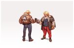  2boys blonde_hair capcom denim facial_hair fatal_fury fingerless_gloves garou:_mark_of_the_wolves gloves highres jacket jeans ken_masters male_focus multiple_boys muscular nin_nakajima pants short_hair simple_background snk street_fighter street_fighter_6 super_smash_bros. terry_bogard the_king_of_fighters vest 