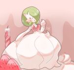  1girl artist_name bangs bare_shoulders blurry blurry_background blurry_foreground blush bob_cut brown_outline candle closed_eyes closed_mouth colored_skin commentary_request cream dress elbow_gloves flat_chest food fruit full_body gardevoir gloves green_hair hair_over_one_eye hand_up happy holding holding_food ingo_(rizumu) licking_lips mega_gardevoir mega_pokemon one_eye_covered pink_background pokemon pokemon_(creature) shiny shiny_hair short_hair signature smile solo standing strapless strapless_dress strawberry tongue tongue_out u_u white_dress white_gloves white_skin 