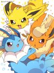  2022 ambiguous_gender artist_name black_inner_ear blue_body blush digital_media_(artwork) eeveelution feral fin fin_frill flareon frill_(anatomy) fur generation_1_pokemon green_eyes group head_crest head_frill jolteon multicolored_body multicolored_fur neck_frill nintendo nokosansan one_eye_closed open_mouth open_smile orange_body orange_fur pink_eyes pokemon pokemon_(species) purple_eyes quadruped simple_background smile sparkles tan_body tan_fur trio vaporeon video_games white_background white_body white_fur yellow_body yellow_fur 