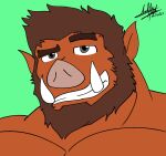  anthro beard brown_body brown_fur eyebrows facial_hair fangs fur looking_at_viewer male mammal simple_background smile solo suid suina sus_(pig) wild_boar yaka_(zotec) yetdarknew 