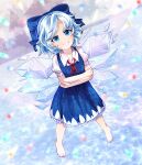  1girl absurdres artist_name bangs barefoot blue_dress blue_eyes blue_hair blush bow bowtie buttons cirno closed_mouth cloud cloudy_sky collared_shirt crossed_arms danmaku dress dungeon_toaster embodiment_of_scarlet_devil english_commentary grey_sky hair_between_eyes highres ice ice_wings lake looking_up puffy_short_sleeves puffy_sleeves red_bow red_bowtie shirt short_hair short_sleeves sky smile snowflake_print solo teeth touhou v-shaped_eyebrows water white_shirt wings 