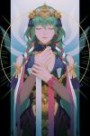  1girl absurdres bangs bare_shoulders braid byleth_(fire_emblem) byleth_(fire_emblem)_(female) closed_eyes closed_mouth commentary_request cosplay fire_emblem fire_emblem:_three_houses fire_emblem_heroes green_hair hair_between_eyes hair_ornament highres lips long_hair official_alternate_costume own_hands_together pink_lips pink_ribbon ribbon ribbon_braid shenye_yuu solo sothis_(fire_emblem) sothis_(fire_emblem)_(cosplay) tiara twin_braids white_ribbon 