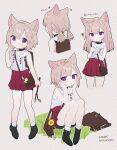  1girl aged_down animal_ears avatar_(ff14) backpack bag cat_ears cat_girl child final_fantasy final_fantasy_xiv funa_(sakana) hands_on_own_cheeks hands_on_own_face head_rest highres holding holding_stick light_brown_hair long_hair messenger_bag miqo&#039;te pleated_skirt purple_eyes red_skirt shirt short_hair shoulder_bag sitting skirt sleeveless sleeveless_shirt stick white_shirt 