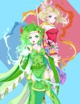  aged_up blonde_hair breasts cape collarbone dress earrings final_fantasy final_fantasy_iv final_fantasy_vi green_eyes green_hair hair_ornament jewelry long_hair looking_at_viewer open_mouth ponytail rydia_(ff4) sword thighhighs tina_branford weapon yuju 