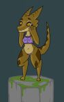  anthro belly blush blush_lines breasts brown_body brown_eyes brown_scales brown_tail clothing eyelashes eyeshadow fangs female happy hi_res kobold makeup markings multicolored_body multicolored_clothing multicolored_scales navel paws purple_clothing scales scalie smile solo squablodecomplash tail_markings two_tone_body two_tone_scales two_tone_tail underwear wiggles_(squablodecomplash) 