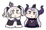  2girls :o :| black_ribbon black_robe bow chibi closed_mouth commentary crow_(la+_darknesss) crown demon_horns fur-trimmed_robe grey_hair hair_bow hair_ribbon highres hololive horns la+_darknesss long_hair looking_at_viewer motion_blur multiple_girls murasaki_shion orange_eyes pointy_ears purple_hair ribbon robe simple_background toripuru_(tripl3) triangle_mouth twintails v-shaped_eyebrows virtual_youtuber white_background yellow_eyes 