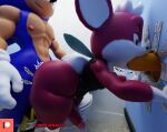  3d_(artwork) anal anal_penetration anthro bathroom big_butt blue_body blue_fur bottomless butt camseven chip_(sonic) clothed clothing digital_media_(artwork) english_text erection eulipotyphlan fellatio from_behind_position fur genitals girly glory_hole group group_sex hair half-closed_eyes hedgehog hi_res male male/male male_penetrated male_penetrating male_penetrating_male mammal mostly_nude narrowed_eyes nipples nude oral oral_penetration orange_penis penetration penile penis public_restroom red_body red_fur restroom_stall sega sex smile sonic_the_hedgehog sonic_the_hedgehog_(series) sonic_unleashed spitroast teapot_(body_type) text thick_thighs toilet topwear trio unknown_species watermark white_hair wide_hips wings 