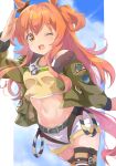  1girl animal_ears belt blue_sky cloud dog_tags dotton9 ear_bow feet_out_of_frame green_jacket hair_between_eyes highres horse_ears horse_girl jacket long_hair long_sleeves mayano_top_gun_(umamusume) navel one_eye_closed open_clothes open_jacket orange_eyes orange_hair shirt short_shorts short_twintails shorts sidelocks sky solo standing stomach tank_top twintails umamusume yellow_shirt 