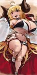  1girl anila_(granblue_fantasy) anila_(summer)_(granblue_fantasy) belly_chain bikini blonde_hair blush breasts curled_horns draph full_body granblue_fantasy highres horns huge_breasts jewelry large_breasts layered_bikini leg_ribbon long_hair looking_at_viewer nail_polish navel official_alternate_costume open_mouth red_nails ribbon ribbon-trimmed_bikini sandals sheep_horns short_eyebrows smile solo swimsuit thick_eyebrows thick_thighs thigh_ribbon thighs very_long_hair white_bikini yellow_eyes zanamaoria 