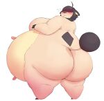  2022 anthro big_breasts black_hair black_nose blush breasts female generation_2_pokemon hair hooves implied_transformation miltank nintendo obese overweight pokemon pokemon_(species) rear_view simple_background solo standing subakitsu surprise teats udders video_games white_background 