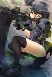  1girl absurdres assault_rifle behind_cover black_thighhighs ear_protection enpera_(jdud8375) fn_scar fn_scar_16 from_side gloves green_eyes gun helmet highres holding holding_gun holding_weapon left-handed lens_flare night_vision_device original outdoors rifle safety_glasses short_shorts shorts skindentation solo tactical_clothes thighhighs watch weapon wristwatch 