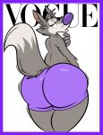  2021 anthro big_butt butt canid canine canis chip_the_wolf chubby_anthro chubby_male clothed clothing cookie_crisp cover fangs fur half-closed_eyes hi_res inner_ear_fluff looking_at_viewer looking_back magazine_cover male mammal narrowed_eyes pose raised_tail rear_view remmyfox slightly_chubby solo standing tuft underwear underwear_only vogue_(magazine) wolf 