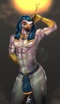  2022 5_fingers anthro avian beak bird bodily_fluids clothed clothing deity digital_media_(artwork) egyptian_mythology falcon falconid fingers hi_res looking_at_viewer male middle_eastern_mythology muscular muscular_male mythology nipple_piercing nipples piercing ra simple_background solo sweat zenfry 