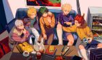  5boys absurdres arm_around_shoulder bag bakugou_katsuki bangs blonde_hair blue_eyes blue_shirt boku_no_hero_academia book casual cd chopsticks collared_shirt couch cup electric_guitar food green_eyes green_hair green_shirt grey_hair guitar highres instrument kaminari_denki kirishima_eijirou long_sleeves male_focus midoriya_izuku multicolored_hair multiple_boys open_mouth pants pointing purple_shirt red_eyes red_hair refrigerator revision shirt shorts sitting smile socks sweater sweater_vest table tamomoko teacup todoroki_shouto two-tone_hair vest yellow_eyes yellow_shirt 