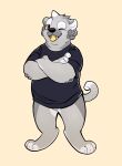  anthro asnnonaka black_clothing black_nose black_shirt black_t-shirt black_topwear bottomless clothed clothing crossed_arms featureless_crotch front_view full-length_portrait fur grey_body grey_ears grey_fur grey_horn hi_res horn inner_ear_fluff looking_at_viewer male one_eye_closed open_mouth open_smile overweight overweight_anthro overweight_male portrait ryuusei shirt simple_background smile solo standing t-shirt tongue topwear tuft unsigned white_body white_fur white_horn white_inner_ear_fluff yellow_tongue 