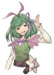  1girl :d absurdres antennae bangs blue_eyes capelet fur_collar green_hair hair_ribbon hand_up head_tilt highres kohaku_(rune_factory) long_sleeves looking_at_viewer medium_hair open_mouth puchiman purple_capelet purple_ribbon ribbon rune_factory rune_factory_4 simple_background smile solo swept_bangs teeth upper_body white_background 