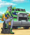  absurd_res anthro ball bikini boots building canid canine canis clothing cloud diacordst flashlight_(object) footwear garbage_truck hat headgear headwear heavy_truck hi_res holding_object house looking_aside male mammal mixed_breed nickelodeon paw_patrol plant rocky_(paw_patrol) sand shrub sky smile solo string_bikini swimwear tools topwear trash_bag truck_(vehicle) vehicle vest water 