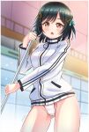  1girl :o asymmetrical_bangs bangs bare_legs black_hair blurry blurry_background blush broom dripping fang gym_shirt gym_uniform hair_ornament hairclip highres looking_at_viewer love_live! love_live!_nijigasaki_high_school_idol_club mifune_shioriko open_mouth orange_eyes partially_visible_vulva school_swimsuit shark_yc shirt short_hair signature solo sweatshirt swimsuit swimsuit_under_clothes thighs wall wet wet_clothes 