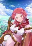  1girl blush breasts closed_mouth dress fire_emblem fire_emblem:_three_houses fire_emblem_warriors:_three_hopes gloves hair_ornament highres long_sleeves looking_at_viewer monica_von_ochs official_alternate_costume official_alternate_hairstyle red_eyes red_hair rein_rise short_hair smile solo upper_body 